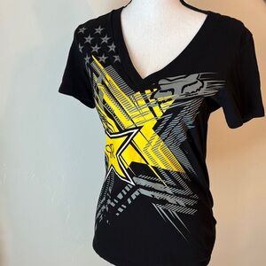 Fox Racing/rockstar energy, Black and Yellow Graphic V-Neck Women's Top